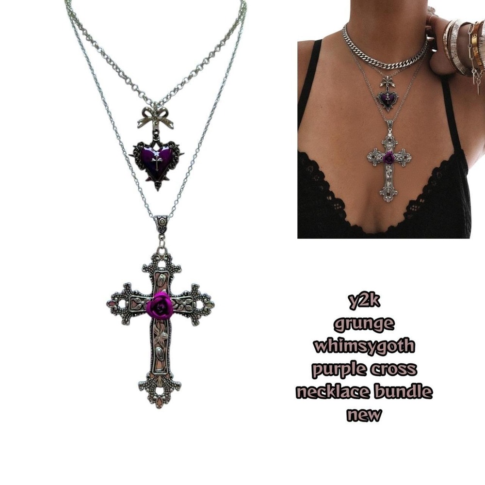 Y2K GRUNGE GOTH CROSS NECKLACE 2 PC. LAYERING BUNDLE NEW